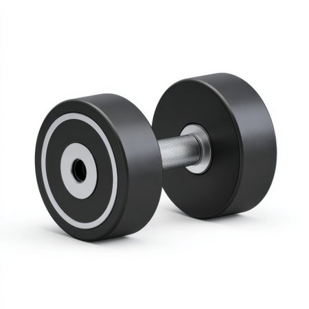 A black dumbbell is depicted on a clean white background, ideal for showcasing fitness themes, workout routines, and strength training equipment.の素材