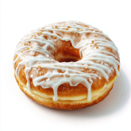 This enticing glazed donut features a smooth, drizzling icing over a fluffy base. Perfect for bakery displays or sweet treat promotions.の素材