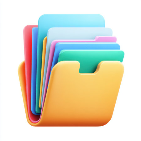This illustration features a vibrant collection of file folders stacked together, symbolizing organization and productivity in a modern office setting, ideal for business-related concepts.の素材