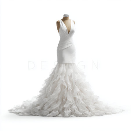 A stunning white wedding dress featuring a flattering silhouette, exquisite ruffle details, and a sophisticated design for any bridal fashion showcase.の素材