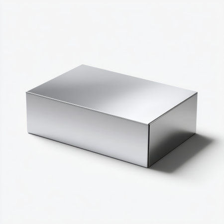 A sleek, reflective silver box positioned on a clean white background. This minimalist design emphasizes elegance and versatility, suitable for various uses such as packaging, storage, or decorative purposes.の素材