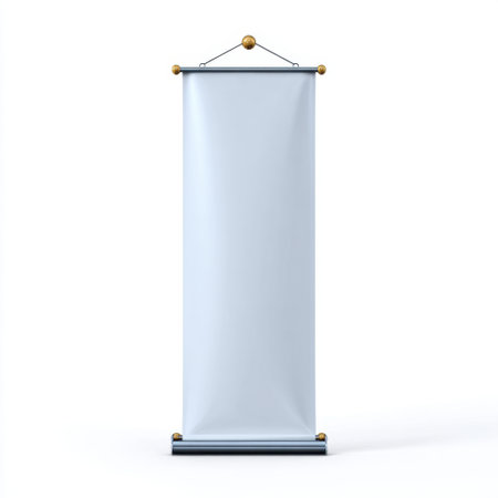 A blank vertical banner featuring decorative hanging elements on a clean white background, perfect for advertising, events, and promotional displays.の素材