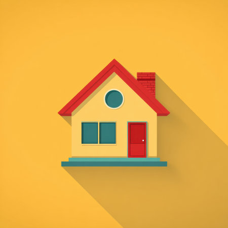 This illustration features a colorful house design with a red roof set against a bright yellow background, providing a cheerful and minimalistic look.の素材
