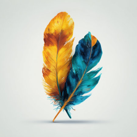 This stunning image features two vibrant feathers in blue and yellow, showcasing unique textures and colors, ideal for artistic and nature-themed projects.の素材
