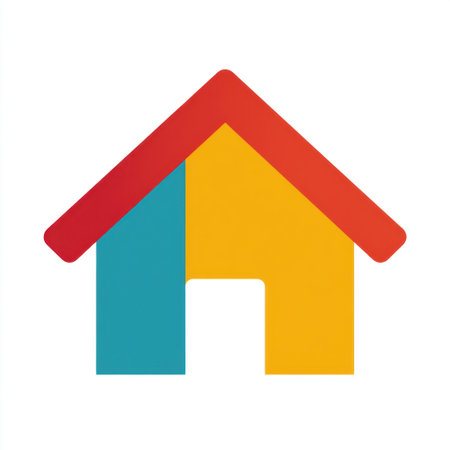 This vibrant abstract house icon features a triangle roof in red, blue, and yellow colors, creating a modern design element suitable for various applications.の素材