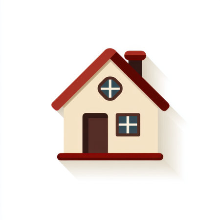 A vibrant cartoon-style illustration of a house featuring a red roof, windows, and a door. This minimalist design adds a cheerful touch to any project, perfect for decoration or children's content.の素材