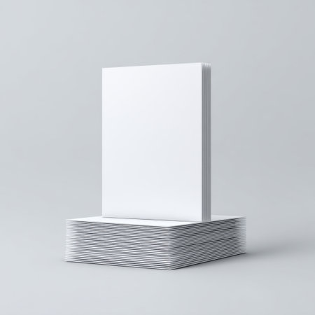 A minimalist image of a stack of blank white paper resting on a smooth gray background, perfect for office supply designs and creative mockups.の素材