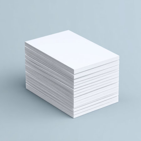 A clean and minimal stack of blank white business cards placed on a soft gray surface, ideal for displaying design concepts or branding ideas.の素材