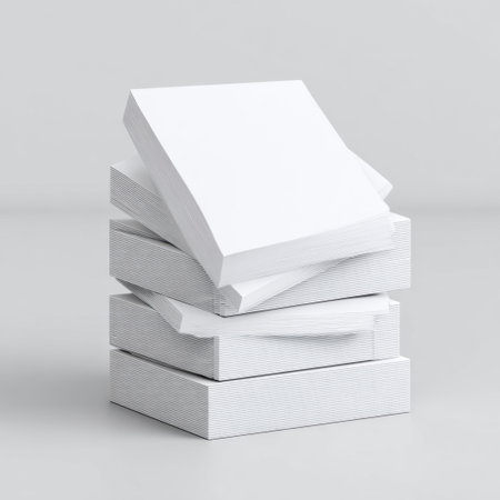 A minimalist stack of blank white paper sheets rests elegantly on a soft grey background. Ideal for creative projects, presentations, and office use.の素材