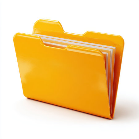 A bright yellow folder rests on a white background, showcasing its glossy surface and neatly stacked documents inside, ideal for office or school use.の素材