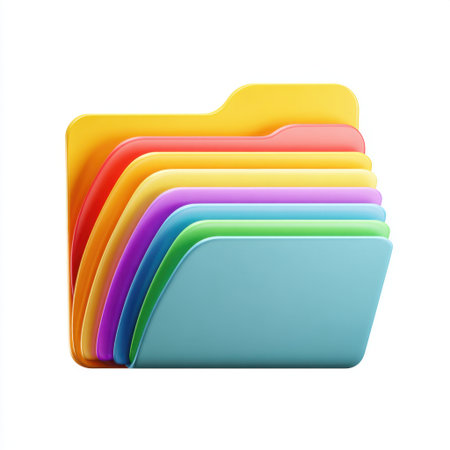 A vibrant arrangement of colorful file folders stacked neatly, perfect for organizing documents and enhancing productivity in office or school environments.の素材