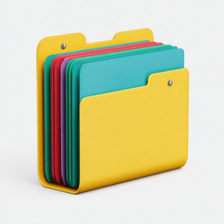 This image features a vibrant document organizer with colorful file folders, perfect for efficiently sorting and storing paperwork in any setting.の素材