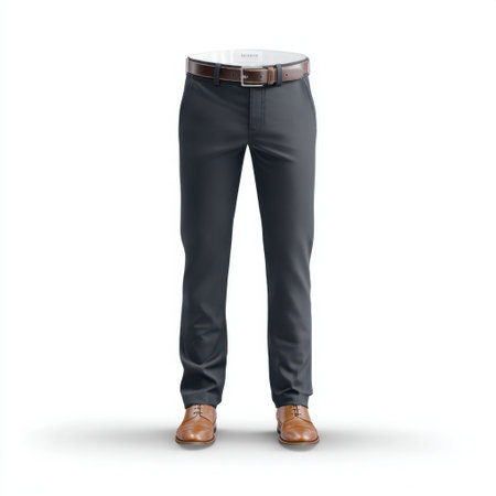 A pair of stylish gray trousers featuring a brown belt and polished dress shoes, set against a white background, ideal for fashion showcases and marketing.の素材