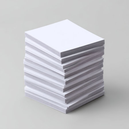 A neatly arranged stack of blank white paper sheets rests on a smooth grey surface. Ideal for a variety of creative and office purposes, this photo offers a minimalist aesthetic suitable for design and presentation needs.の素材