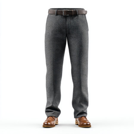 A pair of stylish grey trousers complemented by brown shoes and a matching belt. This image showcases a smart-casual outfit ideal for various settings.の素材