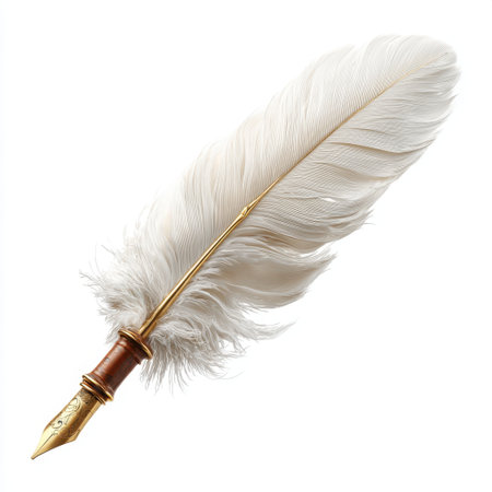 The image showcases an elegant white feather quill pen with a gold nib, ideal for writing, calligraphy, or decorative purposes. Perfect for creatives.の素材