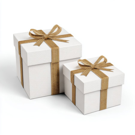 This image features two elegant white gift boxes adorned with golden ribbons, perfect for all types of celebrations and special occasions.の素材