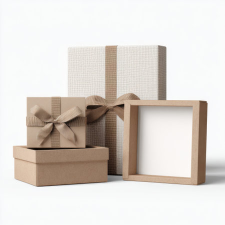 A charming arrangement of elegant gift boxes wrapped in neutral tones with stylish ribbons. Perfect for holiday, celebration, or special occasions.の素材