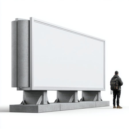 A solitary figure stands in front of a large empty billboard, showcasing its potential for future advertising or artistic expression in an urban setting.の素材