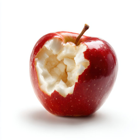A vibrant red apple with a bite taken out, showcasing its crisp white flesh. This image captures the essence of fresh, healthy eating, perfect for food-centric projects.の素材