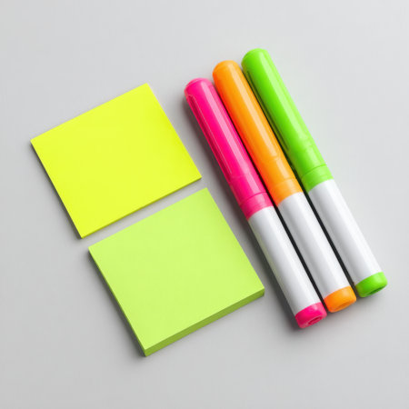 This image showcases a vibrant collection of neon sticky notes alongside bright markers on a smooth grey surface, perfect for creativity and organization.の素材