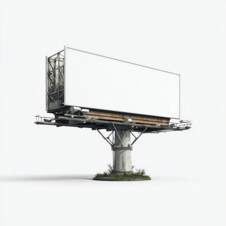 This image features a blank billboard set on a sturdy pole, featuring an empty space perfect for advertising. The minimalistic design highlights the potential for promotional use, making it suitable for various marketing campaigns in urban settings.の素材