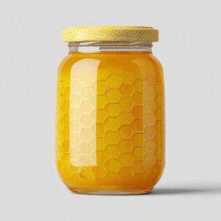This image features a clear glass jar filled with golden honey, highlighted by a honeycomb pattern lid, perfect for food-related projects.の素材