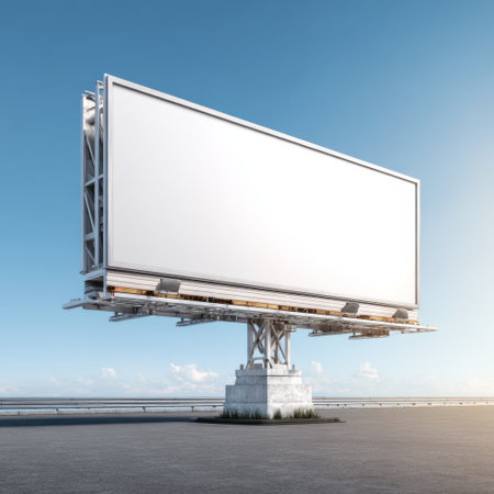 A large empty billboard stands prominently along a coastal road, overlooking a serene ocean, ideal for marketing and promotional activities in bright daylight.の素材