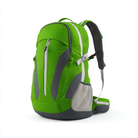 This vibrant green backpack features a modern design perfect for outdoor adventures or daily use. Its lightweight and durable fabric offers comfort and practicality.の素材