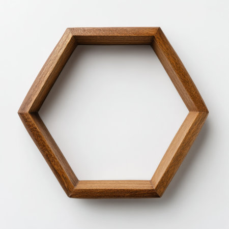 This wooden hexagonal frame offers a unique design element for home or office decor. Its warm tones and geometric shape enhance any artistic display.の素材