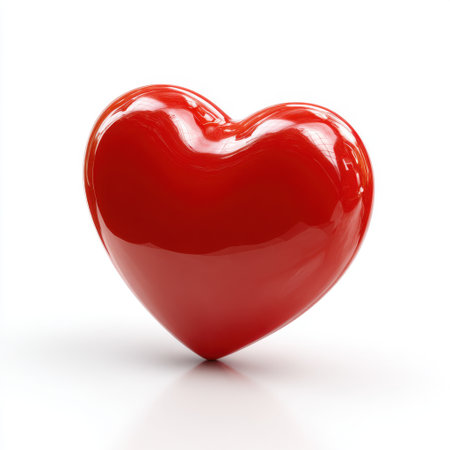 This image features a glossy red heart shape on a white background, symbolizing love and affection, ideal for romantic themes and artistic designs.の素材