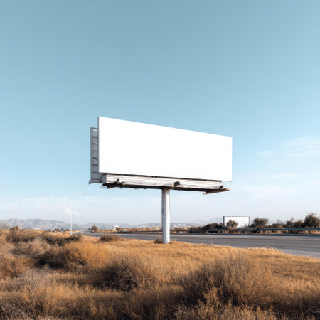 A striking image of an empty billboard set against a backdrop of clear blue sky and open landscape, ideal for marketing and advertising concepts.の素材