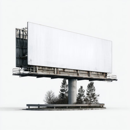 A striking visual of an empty billboard situated along a roadside, surrounded by trees, capturing the essence of minimalist aesthetics in a tranquil landscape.の素材