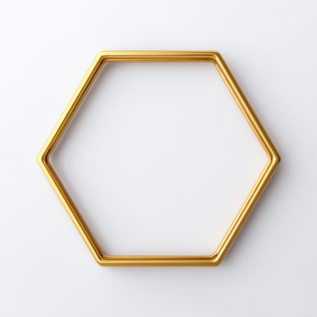 This elegant golden hexagon frame offers a stylish way to showcase art or decorative items, enhancing any space with its modern design against a clean white backdrop.の素材