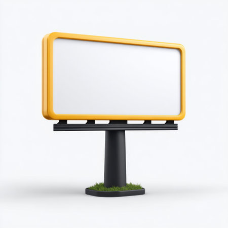 A modern yellow billboard on a black stand with a grass base, ideal for showcasing advertising or promotional messages in a clean, empty space.の素材