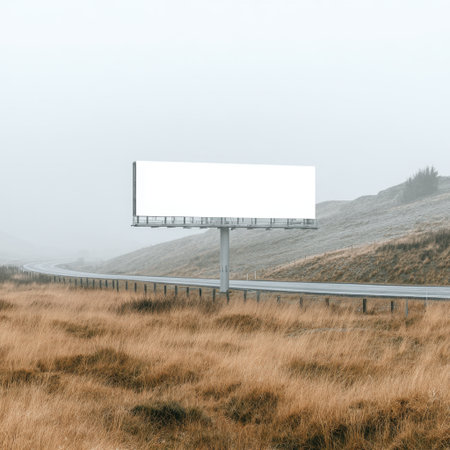 A solitary, empty billboard stands along a highway surrounded by foggy mountains and lush grass, offering a serene backdrop for potential advertising opportunities.の素材