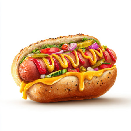 A vibrant image of a juicy hot dog generously topped with colorful ingredients like mustard, ketchup, and fresh vegetables, perfect for summer gatherings.の素材