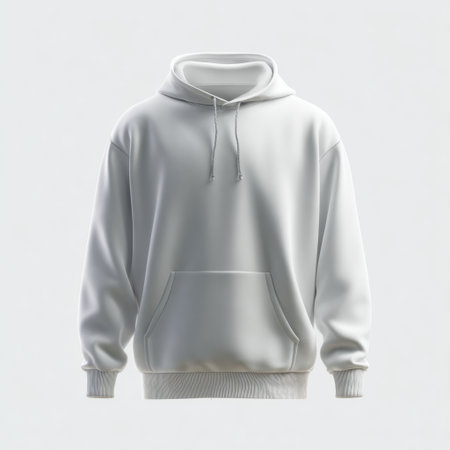 A soft white hoodie featuring a front pocket and drawstrings, perfect for casual wear. Its minimalist design adds versatility and comfort for all occasions.の素材