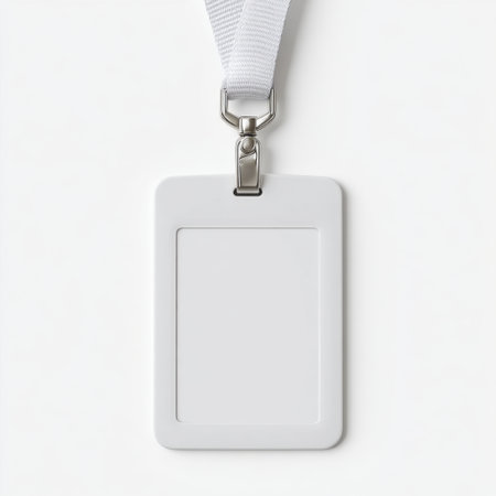 This image showcases a blank identification badge holder with a lanyard, set against a white background, perfect for customization at various events.の素材