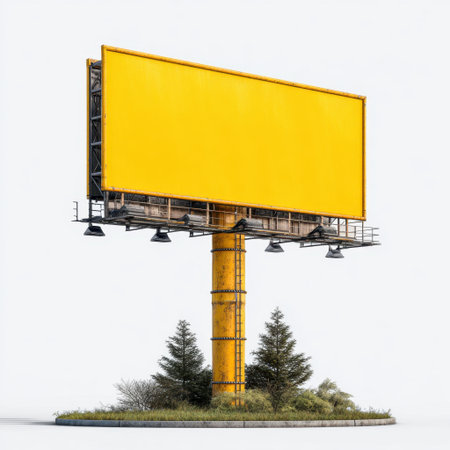 A vivid yellow blank billboard stands tall on a solid white background, surrounded by lush greenery. Ideal for showcasing marketing campaigns, this structure represents outdoor advertising opportunities and creative potential for various promotional messages.の素材