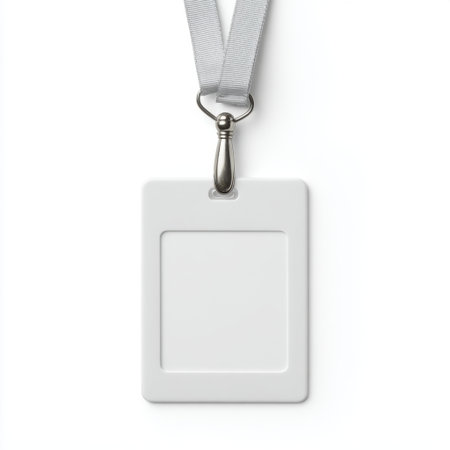 A blank identification badge with a lanyard, ideal for professional settings, events, or conferences. Perfect for displaying names or credentials.の素材