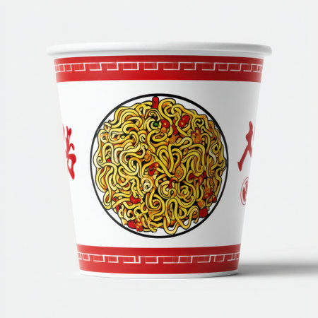 A visually appealing instant noodle cup featuring a classic design with vibrant red and white colors, perfect for food photography and marketing.の素材