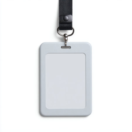 Blank identification card holder with a lanyard, perfect for carrying employee badges, event passes, or security credentials in a secure and accessible way.の素材