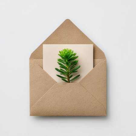 A charming scene featuring an open brown envelope that contains a card and a vibrant green plant, perfect for showcasing natural beauty in design.の素材