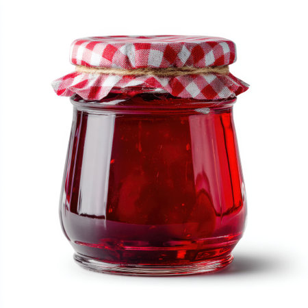 This image features a charming glass jar filled with fresh homemade fruit jam, topped with a red checkered lid. Perfect for showcasing rustic cuisine.の素材
