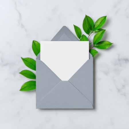 A stylish grey envelope with a blank sheet rests among lush green leaves on a smooth marble surface, perfect for stationery and design themes.の素材