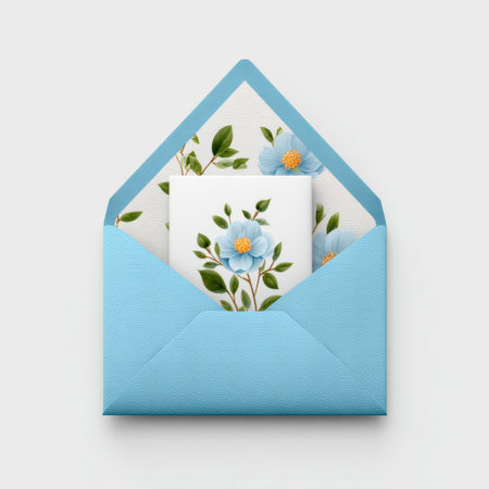A beautifully designed floral greeting card nestled inside a charming blue envelope, perfect for celebrating special moments with elegance and style.の素材