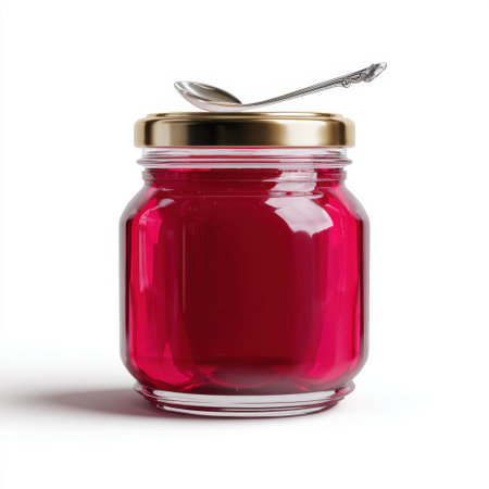 A clear glass jar filled with vibrant red jam sits against a white background, featuring a silver spoon resting on the lid, perfect for food styling.の素材