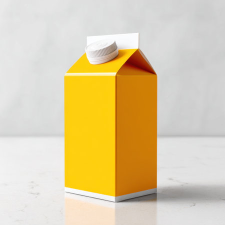 A vibrant yellow milk carton sits elegantly on a marble surface. This modern packaging design is perfect for showcasing dairy products and kitchen aesthetics.の素材