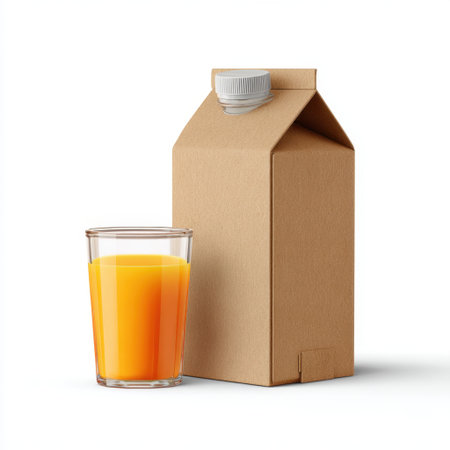 A bright and inviting scene featuring a glass filled with fresh orange juice beside a plain brown carton container, ideal for food and drink themes.の素材